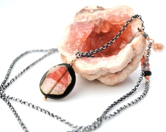 Luxe Black & Pink Watermelon Tourmaline Slice Pendant, Rose Gold + Oxidized Silver Mixed Metal Gemstone Necklace, OOAK Holiday Gift For Her