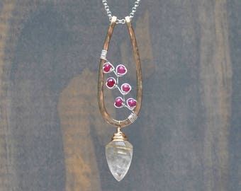 Genuine Ruby Necklace, Unique July Birthstone Jewelry, Luxe Hand Forged Mixed Metal Pendant, Natural Longido Ruby & Gold Rutilated Quartz