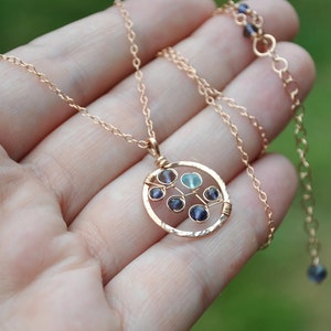 Hammered Rose Gold Circle Necklace, Luxe Violet Blue Iolite & Electric Blue Apatite Gemstone Pendant, Made to Order in Gold or Silver image 3