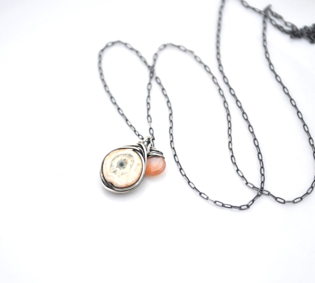 Small Solar Quartz Necklace, Petite Peach Moonstone & Stalactite