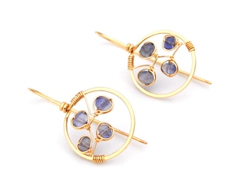 Iolite Bluebonnet Earrings, Hammered Gold Hoop Threaders, Violet Blue Gemstone Hoop Earrings, Hand Forged Artisan Jewelry, Gift For Her