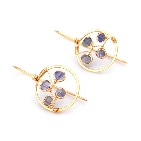 Iolite Bluebonnet Earrings, Hammered Gold Hoop Threaders, Violet Blue Gemstone Hoop Earrings, Hand Forged Artisan Jewelry, Gift For Her