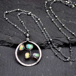 Genuine Opal Necklace, Hammered Silver Circle Pendant, October Birthstone Necklace, Fiery Ethiopian Welo Opals, Artisan Jewelry Gift For Her image 3