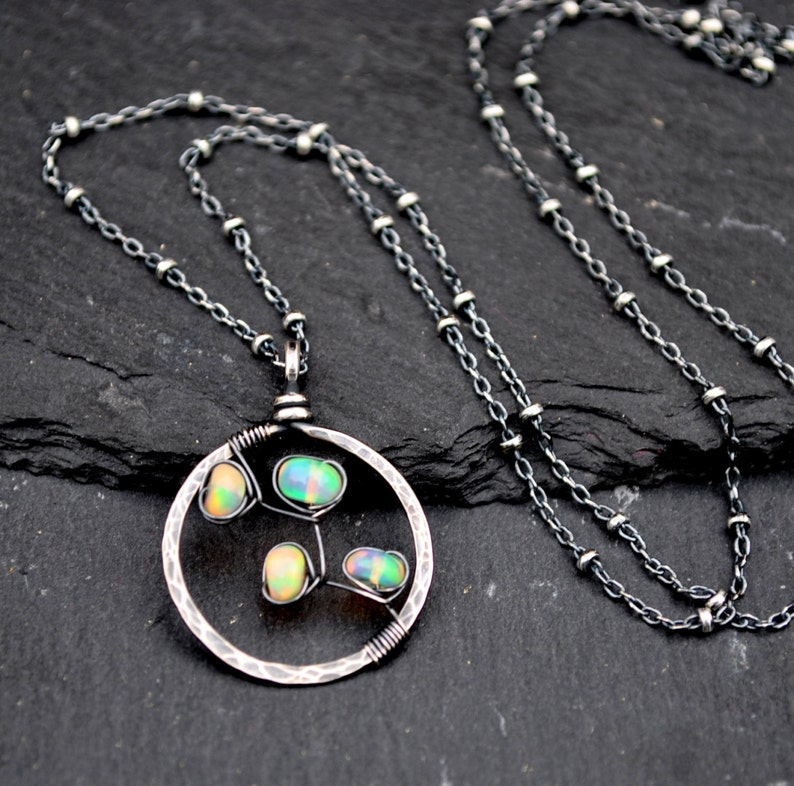 Genuine Opal Necklace, Hammered Silver Circle Pendant, October Birthstone Necklace, Fiery Ethiopian Welo Opals, Artisan Jewelry Gift For Her image 3