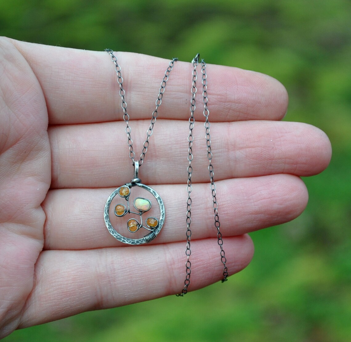 Mandarin & Opal Necklace Small Hammered Circle Etsy