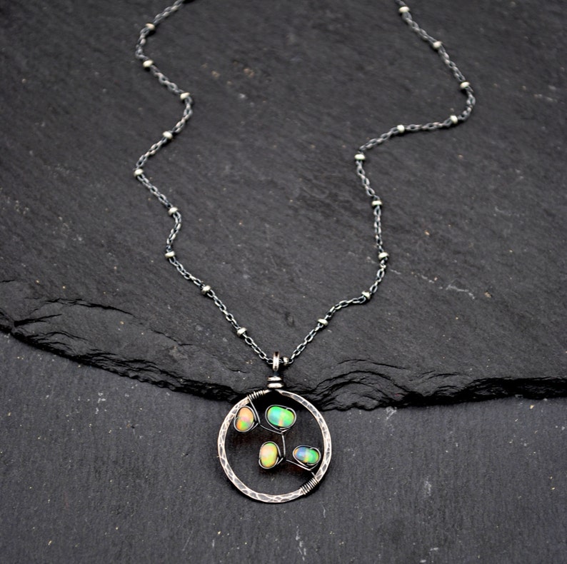 Genuine Opal Necklace, Hammered Silver Circle Pendant, October Birthstone Necklace, Fiery Ethiopian Welo Opals, Artisan Jewelry Gift For Her image 1