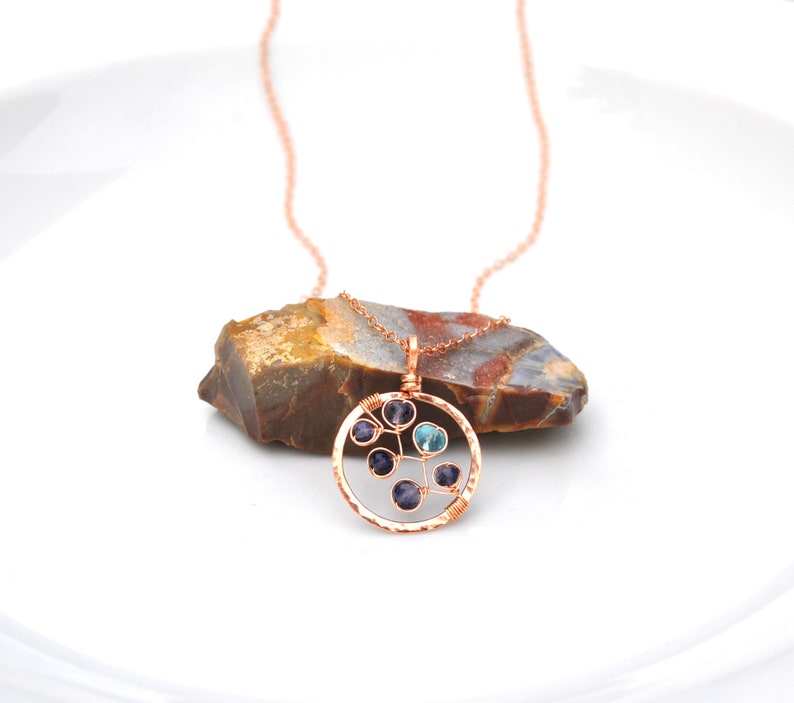 Hammered Rose Gold Circle Necklace, Luxe Violet Blue Iolite & Electric Blue Apatite Gemstone Pendant, Made to Order in Gold or Silver image 6