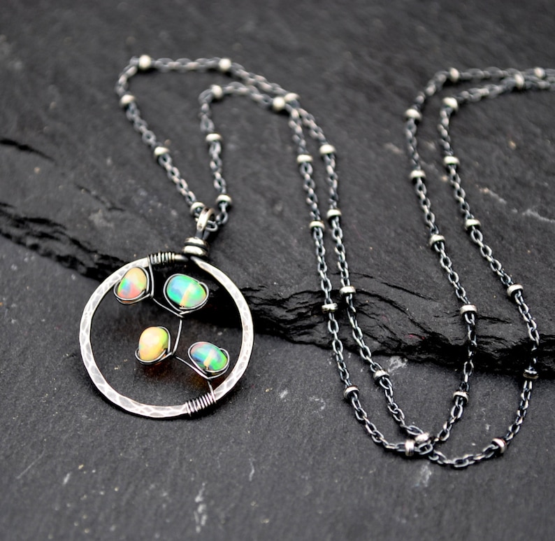 Genuine Opal Necklace, Hammered Silver Circle Pendant, October Birthstone Necklace, Fiery Ethiopian Welo Opals, Artisan Jewelry Gift For Her image 5