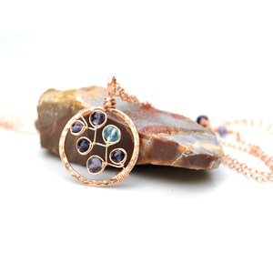 Hammered Rose Gold Circle Necklace, Luxe Violet Blue Iolite & Electric Blue Apatite Gemstone Pendant, Made to Order in Gold or Silver image 4