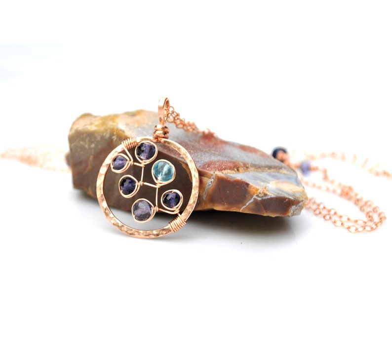 Hammered Rose Gold Circle Necklace, Luxe Violet Blue Iolite & Electric Blue Apatite Gemstone Pendant, Made to Order in Gold or Silver image 4