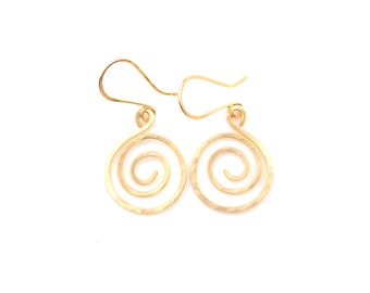 Gold Spiral Earrings, Hand Forged Artisan Jewelry, Hammered 14k Gold Fill Dangle Earrings, Medium Spirals, Everyday Earrings, Gift For Her