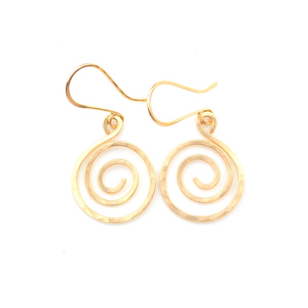 Gold Spiral Earrings, Hand Forged Artisan Jewelry, Hammered 14k Gold Fill Dangle Earrings, Medium Spirals, Everyday Earrings, Gift For Her