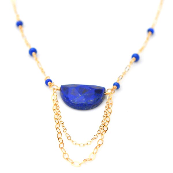 Gold Lapis Lazuli Necklace, Blue Half Moon Lapis Lazuli Pendant, Draped Gold Chain Lapis Necklace