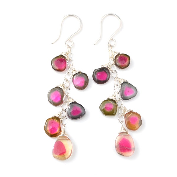 RESERVED Watermelon Tourmaline Earrings, Petite Cascading Watermelon Tourmaline Slice Earrings, Silver Tourmaline Dangles