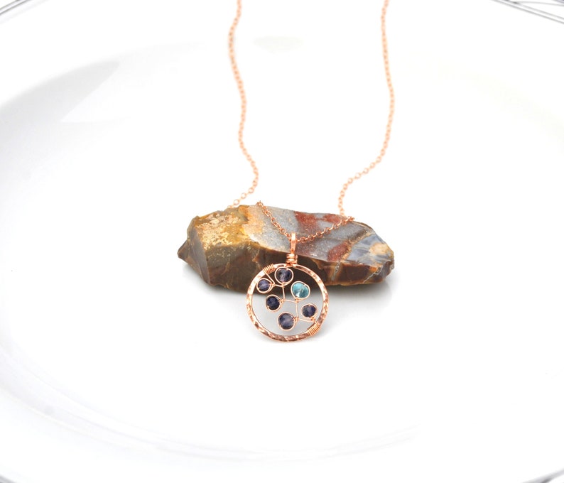 Hammered Rose Gold Circle Necklace, Luxe Violet Blue Iolite & Electric Blue Apatite Gemstone Pendant, Made to Order in Gold or Silver image 2