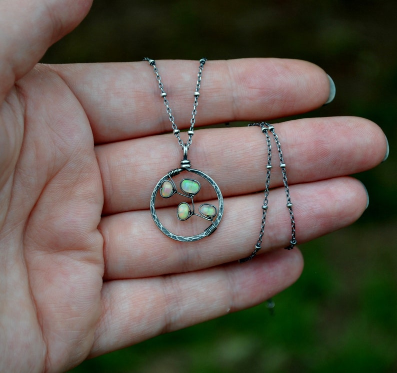 Genuine Opal Necklace, Hammered Silver Circle Pendant, October Birthstone Necklace, Fiery Ethiopian Welo Opals, Artisan Jewelry Gift For Her image 4