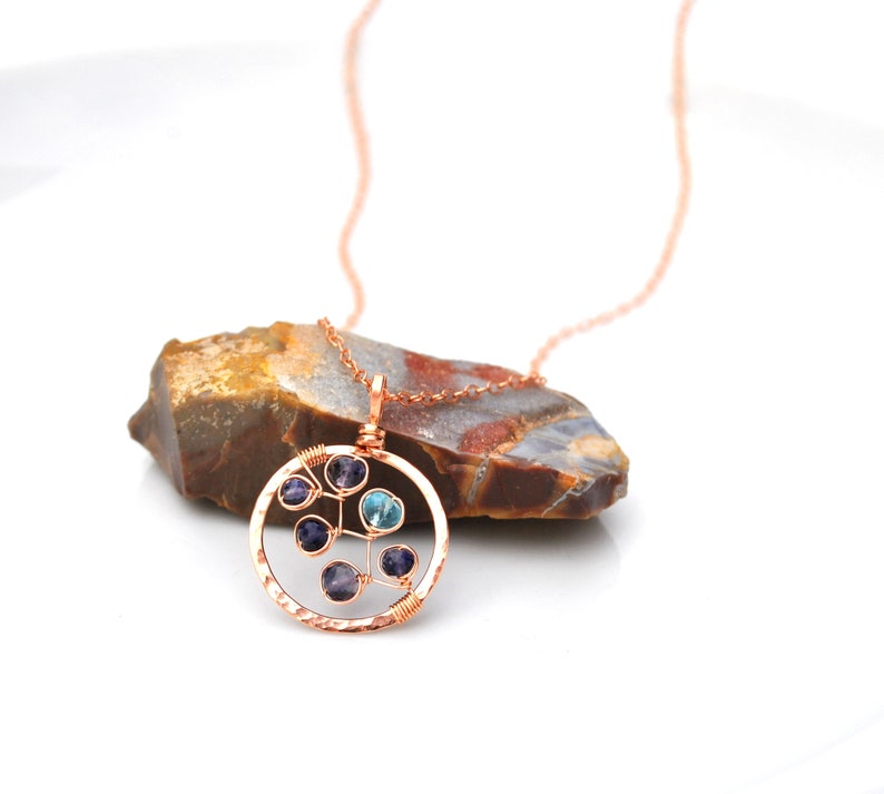 Hammered Rose Gold Circle Necklace, Luxe Violet Blue Iolite & Electric Blue Apatite Gemstone Pendant, Made to Order in Gold or Silver image 8