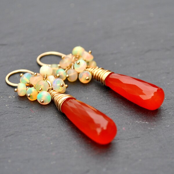 Carnelian & Opal Earrings, Rich Orange Carnelian Dangles with Fiery Ethiopian Opal Clusters, Luxe Gold Gemstone Dangle Earrings