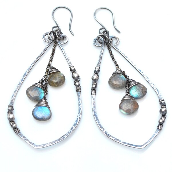 Boho Labradorite Earrings, Big Hammered Oxidized Silver Leaf Dangles, Flashy Blue & Green Labradorite Gems, Made to Order in Silver or Gold
