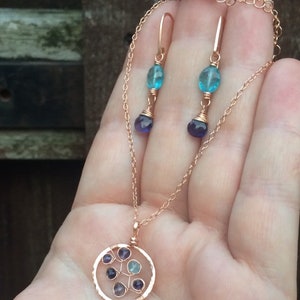 Hammered Rose Gold Circle Necklace, Luxe Violet Blue Iolite & Electric Blue Apatite Gemstone Pendant, Made to Order in Gold or Silver image 10