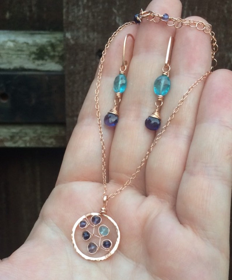 Hammered Rose Gold Circle Necklace, Luxe Violet Blue Iolite & Electric Blue Apatite Gemstone Pendant, Made to Order in Gold or Silver image 10