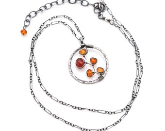 Artisan Garnet Necklace, Hammered Silver Circle Pendant, Amber Orange Hessonite & Red Garnet, Made to Order in Silver or Gold, Gift for Her