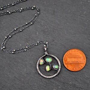 Genuine Opal Necklace, Hammered Silver Circle Pendant, October Birthstone Necklace, Fiery Ethiopian Welo Opals, Artisan Jewelry Gift For Her image 2