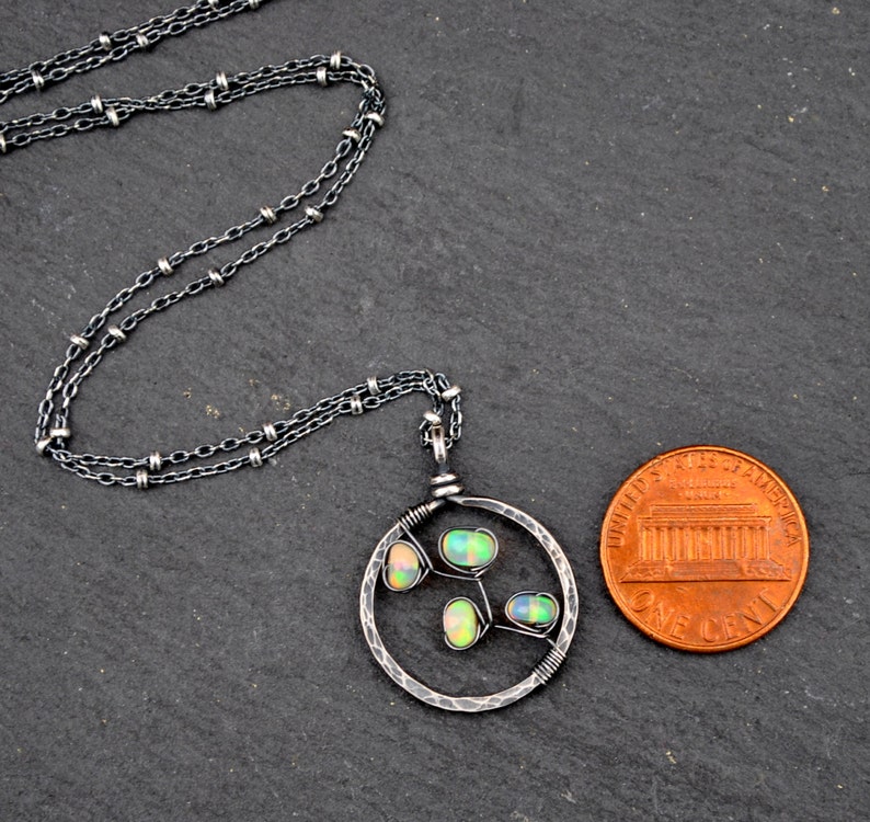 Genuine Opal Necklace, Hammered Silver Circle Pendant, October Birthstone Necklace, Fiery Ethiopian Welo Opals, Artisan Jewelry Gift For Her image 2