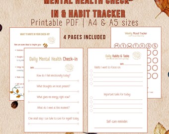 Puede incluir: Un rastreador imprimible de salud mental y hábitos en PDF con un diseño marrón y blanco. Las páginas incluyen un control diario de salud mental, un rastreador semanal del estado de ánimo y una lista diaria de hábitos y tareas. El texto incluye "Mental Health Check In & Habit Tracker".