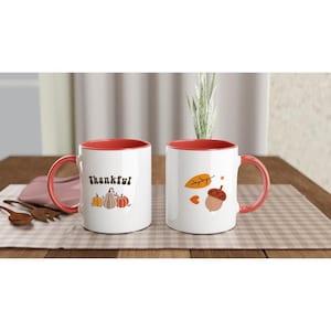 Thankful Fall Mug- Thanksgiving Coffee Cup- Autumn Pumpkin & Leaf Design- Red Inside Ceramic Gift