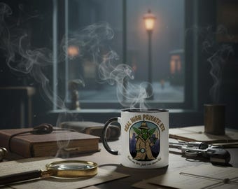 May include: A white ceramic mug with a black rim and handle, featuring a cartoon detective with the text "REAL HIGH PRIVATE EYE". The detective is holding a magnifying glass and a gun. The mug is on a table with a magnifying glass, books, and a gun.
