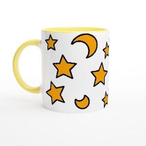 Stars and Moons Coffee Mug - Yellow Interior, Celestial Ceramic Cup