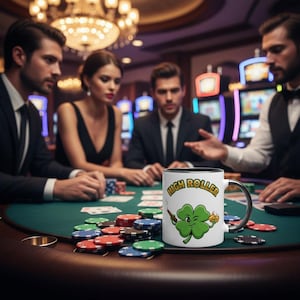 May include: A white and black ceramic mug with the words "HIGH ROLLER" and a cartoon four-leaf clover smoking a cigar. The mug is on a green felt poker table with poker chips and people in the background.