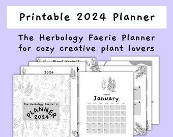 Weekly Yearly Planner Calendar 2024 | PDF | The Herbology Faerie | digital download black and white journal project planner grimoire diary