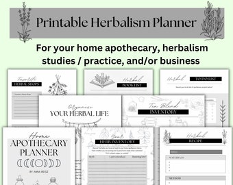 Kruidenhuisapotheekplanner | Zwart en wit | Kruidengeneeskunde afdrukbare tijdschrift organisator | Plant Garden Foerageren Thee Materia Medica PDF