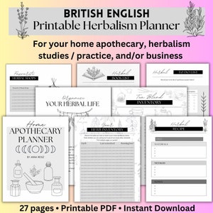 イギリス英語のハーブホーム薬局プランナー | ハーブ学の印刷可能なジャーナルオーガナイザー | 植物園採集茶マテリアメディカ PDF