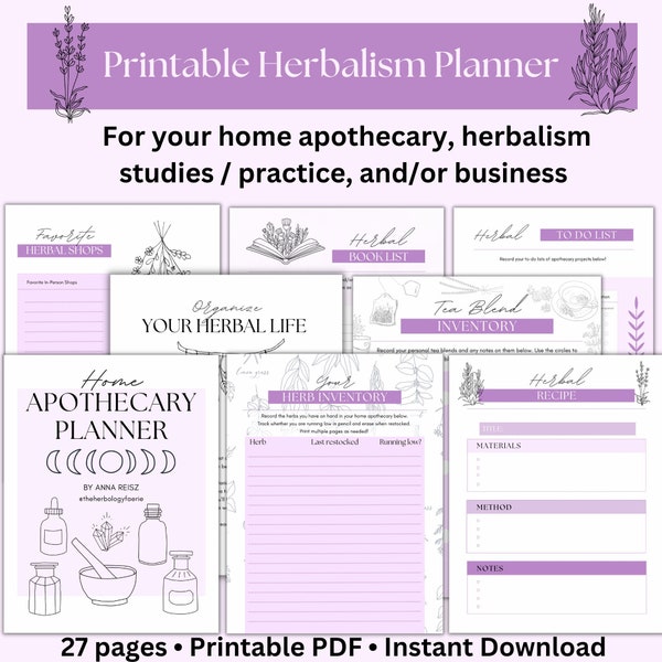 Herbal Home Apothecary Planner | Spring Lilac | Herbalism Printable Journal Organizer | Plant Garden Foraging Tea Materia Medica PDF