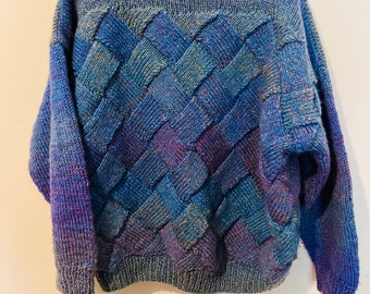 Acogedor y lindo - Suéter VTG Handknit - Púrpuras y azules - Niños M/L