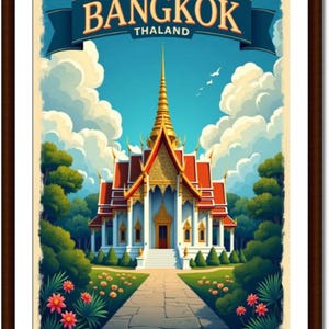May include: A framed travel poster for Bangkok, Thailand. The image features a detailed illustration of a temple with a gold spire and red roof, set against a blue sky with clouds. The word "BANGKOK" is displayed above the temple.