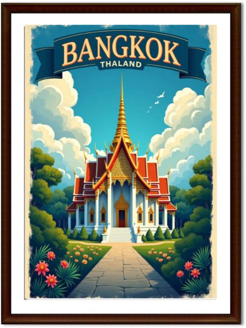 May include: A framed travel poster for Bangkok, Thailand. The image features a detailed illustration of a temple with a gold spire and red roof, set against a blue sky with clouds. The word "BANGKOK" is displayed above the temple.