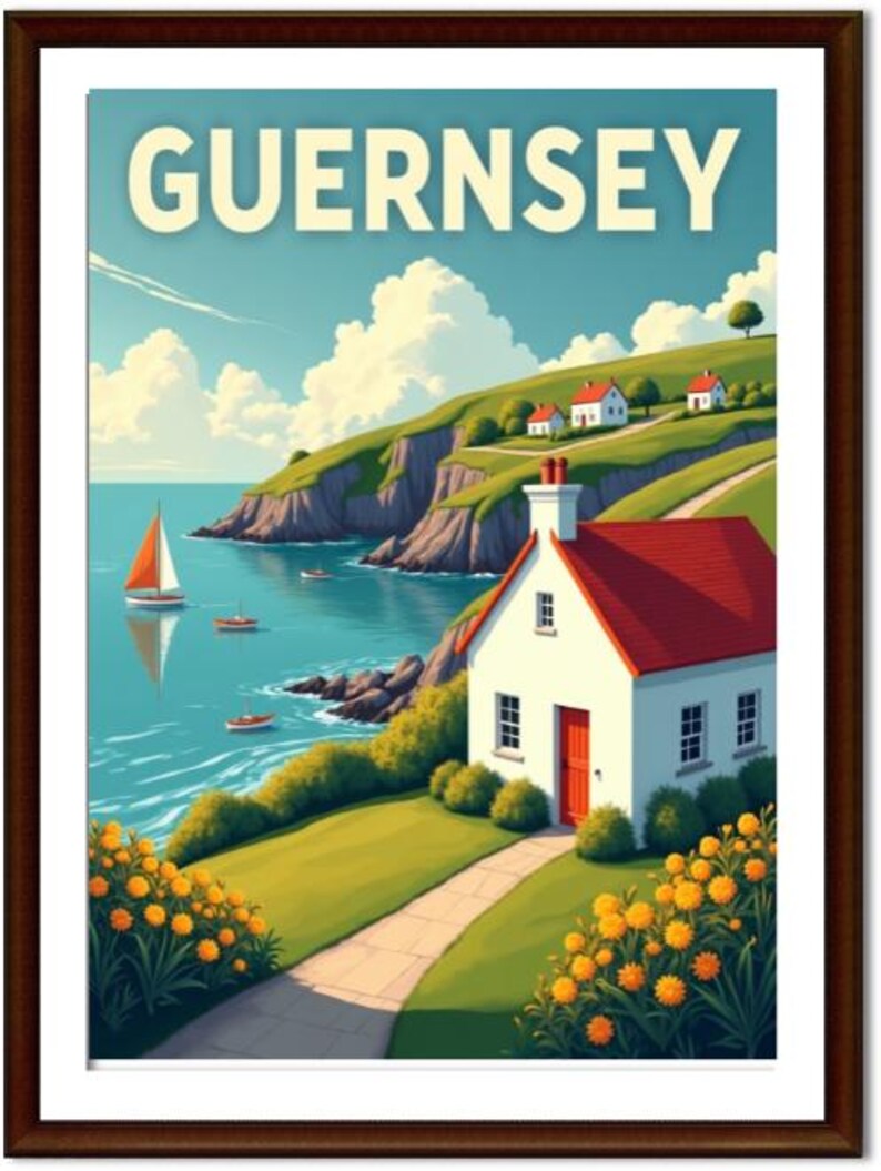 May include: A framed travel poster for Guernsey, featuring a coastal landscape with a white house, red roof, and the word "GUERNSEY" at the top. The scene includes a sailboat, boats, green hills, and yellow flowers.