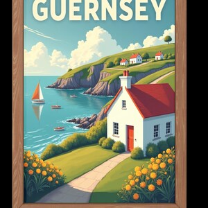 May include: A framed print featuring a coastal scene with the word "GUERNSEY" at the top. The artwork depicts a white cottage with a red roof, a sailboat, and rolling green hills with small houses. Yellow flowers line the path.