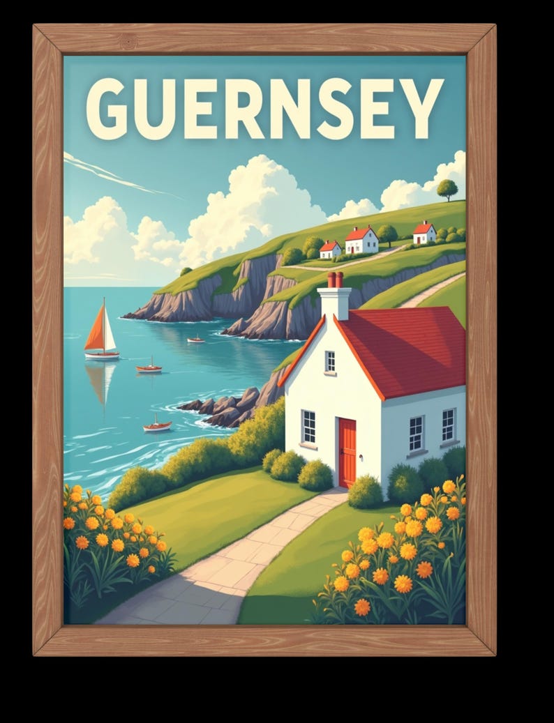 May include: A framed print featuring a coastal scene with the word "GUERNSEY" at the top. The artwork depicts a white cottage with a red roof, a sailboat, and rolling green hills with small houses. Yellow flowers line the path.