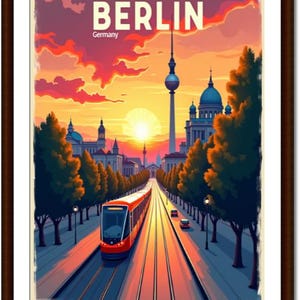May include: Framed art print of Berlin, Germany, with a red tram on tracks leading to the city centre. The artwork shows the Brandenburg Gate and the TV Tower under a sunset sky. The word "BERLIN" is displayed at the top.