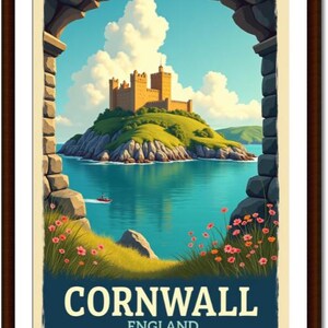 May include: A framed travel poster of Cornwall, England, featuring a castle on a small island. The poster is framed by a stone archway, with the words "Cornwall England" at the bottom. The scene includes a boat on the water and colorful flowers.