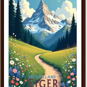 Puede incluir: Un grabado enmarcado de un paisaje montañoso suizo. Un sendero serpentea a través de un prado de flores silvestres hacia una cima nevada. El texto "SWITZERLAND EIGER" está en la parte inferior. El cielo es azul con nubes blancas.