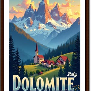 May include: A framed art print of the Italian Dolomites. The image features a mountain range with snow-capped peaks, a village with a church, and the word "DOLOMITE" in large letters. The sky is a mix of orange and blue.