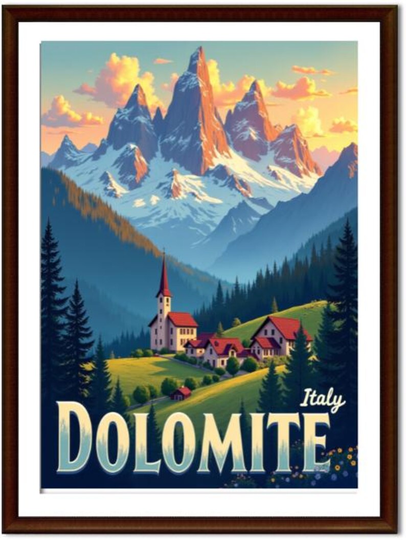 May include: A framed art print of the Italian Dolomites. The image features a mountain range with snow-capped peaks, a village with a church, and the word "DOLOMITE" in large letters. The sky is a mix of orange and blue.