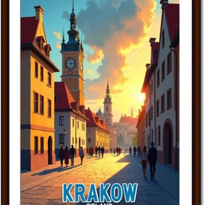 May include: A framed print of a street scene in Krakow, Poland, featuring buildings with red tile roofs and a tall clock tower. The image has a warm color palette with a sunset in the background. The word "KRAKOW" is printed in blue letters.