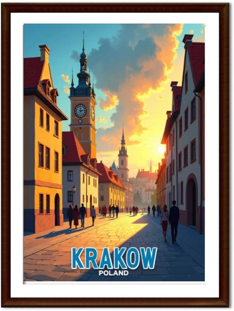 May include: A framed print of a street scene in Krakow, Poland, featuring buildings with red tile roofs and a tall clock tower. The image has a warm color palette with a sunset in the background. The word "KRAKOW" is printed in blue letters.